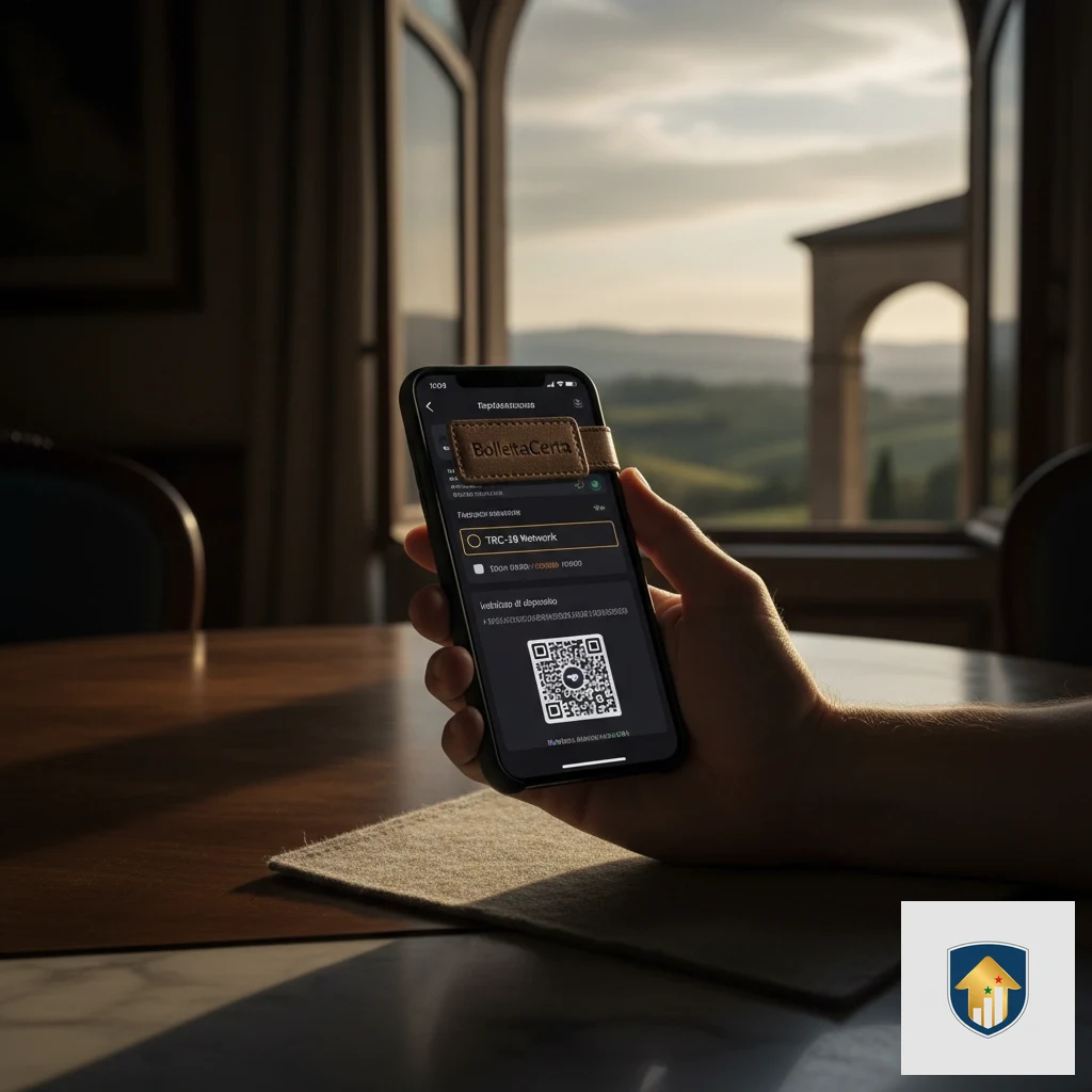 Esempio di indirizzo alfanumerico e codice QR per trasferimento diretto USDT.